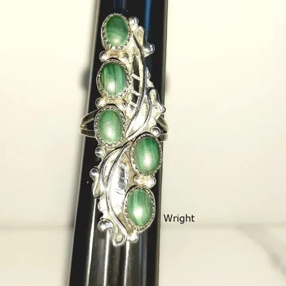 Navajo Sterling Silver Elongated Malachite Turquoise Feathers Ring 6.5 - Picture 3 of 5